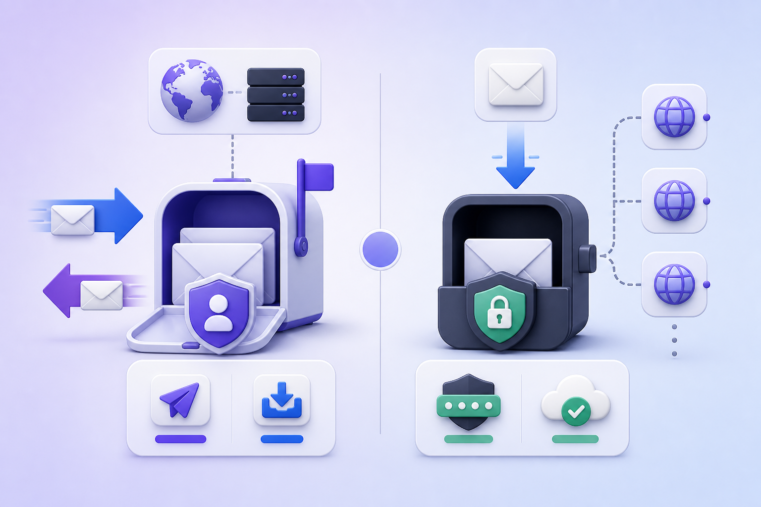 Full send-and-reply business mailbox compared with a password-protected receive-only inbox connected to multiple domains
