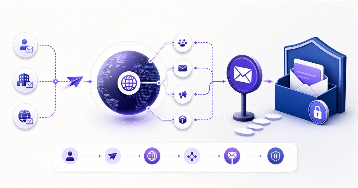 Custom domain DNS routes carrying email through an MX destination into a protected receive-only inbox