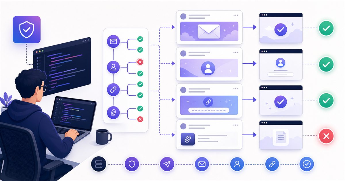 Developer validating transactional email, signup, magic-link and attachment flows with pass and fail checkpoints
