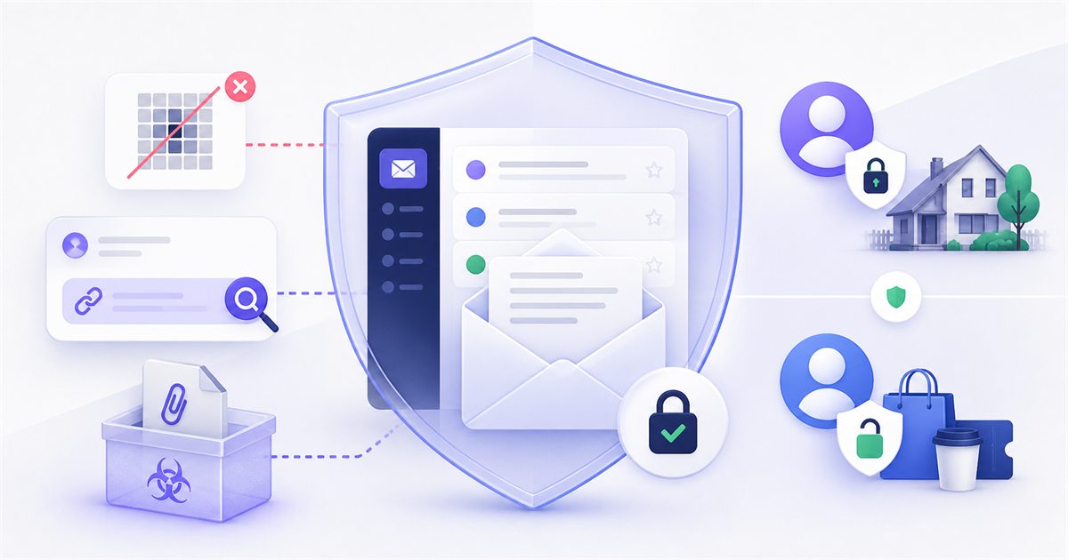 Protected inbox inspecting a suspicious link, blocking a tracking pixel and isolating an unsafe attachment