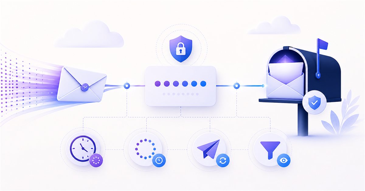 Email verification message moving through timing, resend, filtering and delivery checkpoints into an inbox