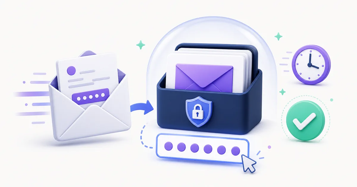 Incoming email flowing into a secure inbox with a highlighted verification token