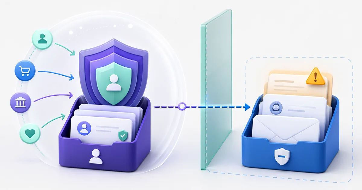 Separate inboxes protected by a privacy shield with a suspicious message warning