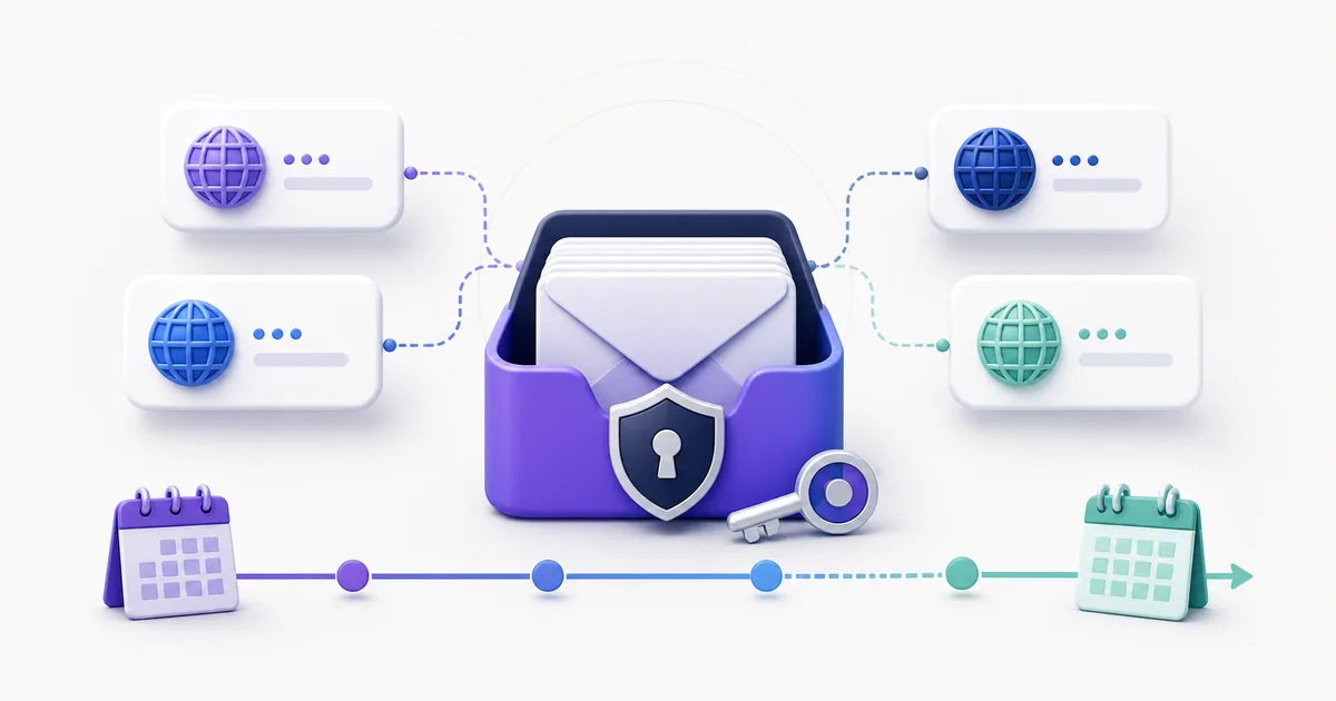 Password-protected inbox connected to several receiving domains and a long-term access timeline