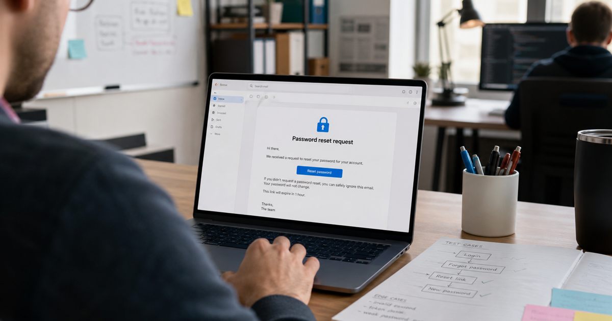 Password reset request, secure test inbox, and one-time link validation workflow